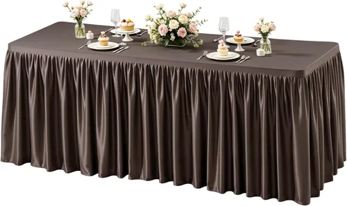 Vista 52 de Manteles de poliéster negro para mesas rectangulares de 4 pies, cubierta de mesa ajustada sin arrugas con falda de mesa plisada con volantes