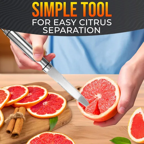 Vista 8 de Cuchillo de toronja con doble hoja dentada curva, cortador y pelador de frutas cítricas de acero inoxidable con mango ergonómico, apto