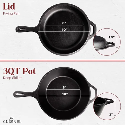 Vista 4 de Sartén de hierro fundido de Cuisinel + tapa - Olla multifuncional 2 en 1 - Olla profunda + sartén - Olla holandesa de 3 cuartos de galón - Utensilio