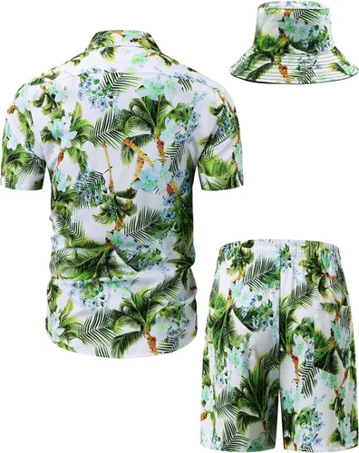 Vista 142 de TUNEVUSE Conjunto de camisas y pantalones cortos hawaianos para hombre, 2 piezas, trajes de playa con estampado de flores, traje tropical de verano