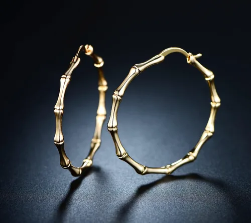 Vista 4 de Barzel - Aretes de aro de bambú de oro para mujer, chapados en oro de 18 quilates, oro rosa o blanco