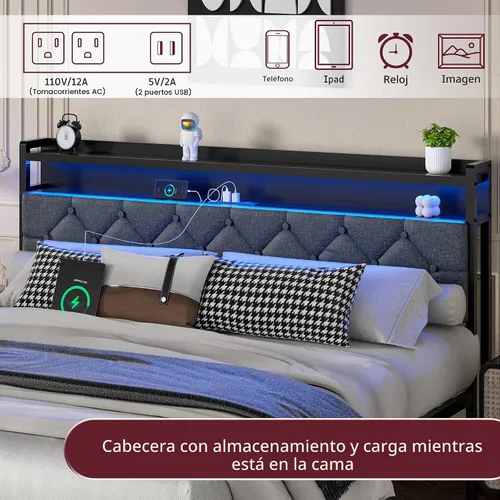 Vista 8 de SUNLEI Base de cama Queen con luz LED y 2 cajones, plataforma de metal con estación de carga y cabecera de almacenamiento de tela de lino, listones
