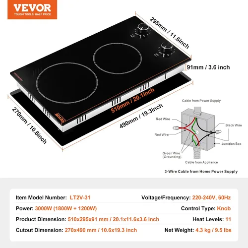 Vista 7 de VEVOR Placa de cocina eléctrica de cerámica, estufa eléctrica integrada, con panel de vidrio, control de perilla, 11 niveles de calor, para diversos