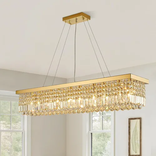 Vista 13 de Siljoy Candelabro de Cristal Moderno de 6 Luces Rectangular Dorado K9 Candelabro de Cristal en Forma de Gota de Lluvia para Comedor, Lámpara