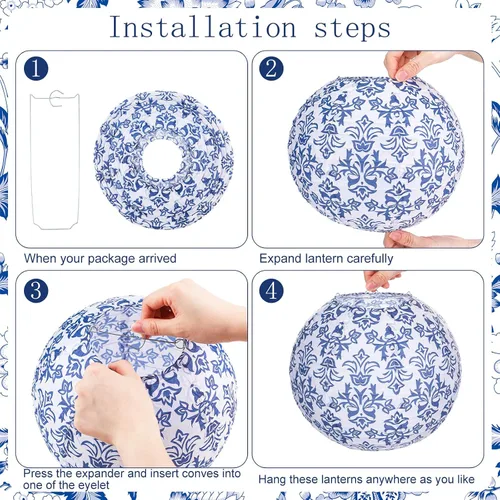 Vista 4 de Retisee 12 linternas de papel chinoiserie de 10 pulgadas con estampado de Azul