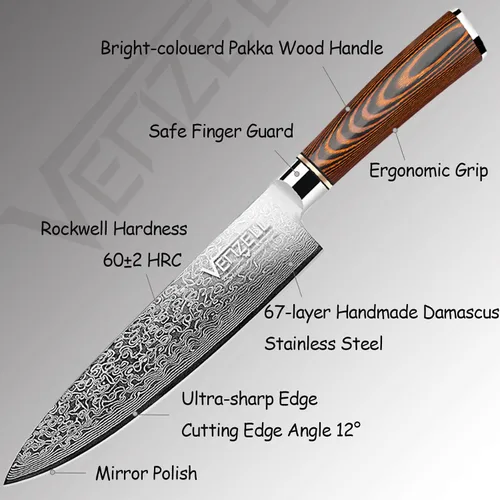 Vista 4 de VENZELL Cuchillo de chef hecho a mano de 8 pulgadas, cuchillo de acero inoxidable de Damasco de 67 capas, cuchillo de corte profesional HRC60±2
