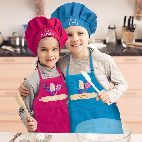 Vista 5 de Nombre personalizado Niños Delantal Chef Sombrero Set Para Niño Niña Cocina Hornear Pintura Artesanía