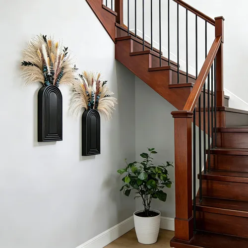 Vista 9 de Juego de 2 jarrones de pared de madera con eucalipto de hierba de las pampas, decoración de pared moderna de estilo bohemio para sala de estar