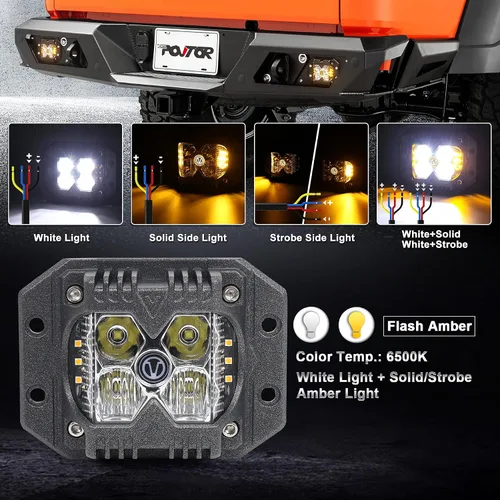 Vista 8 de Luces LED de Montaje Empotrado, POVTOR Luces LED Pod de 40W con Logo V Separado de Doble Lado Ámbar Sólido y Estroboscópico Haz Combo Luces Todo