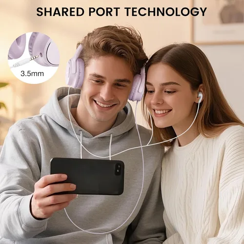 Vista 7 de Auriculares con cable USB C sobre la oreja con micrófono, control de volumen, puerto compartido y diadema ajustable, auriculares estéreo plegables
