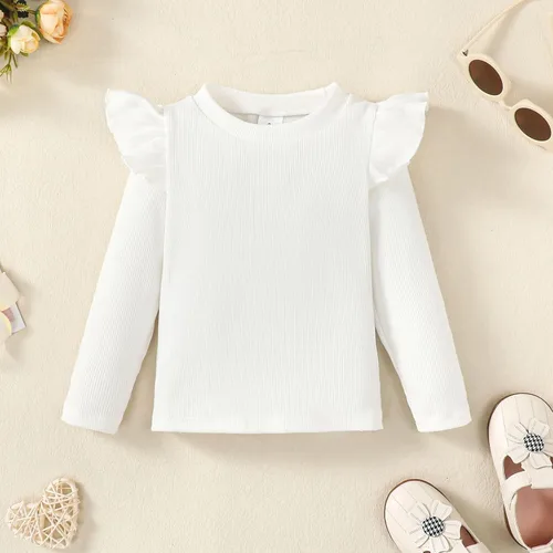 Vista 2 de OPAWO Camisetas de manga larga y corta con volantes para niña, blusa acanalada para niña, ropa para bebé, paquete de 2 unidades de 1 a 6 años