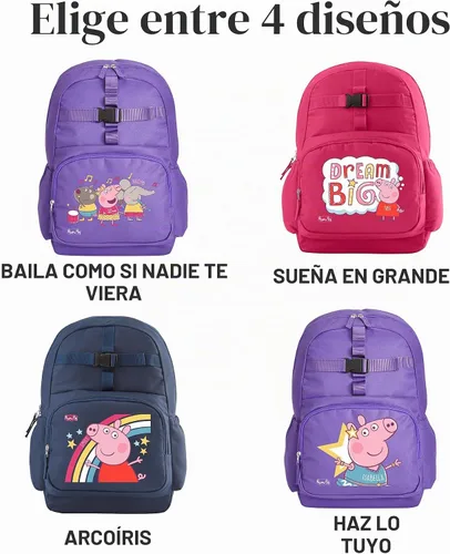 Vista 5 de Let's Make Memories Mochila infantil para la escuela, personalizada, bolsa de Peppa Pig con lonchera opcional, color morado, baile