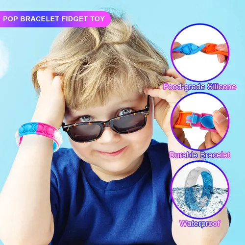 Vista 5 de Pulseras de reventar juguetes para la ansiedad, paquete de 24 juguetes a granel para fiestas para niños, pulseras Pop Fidget Toy Fidgets