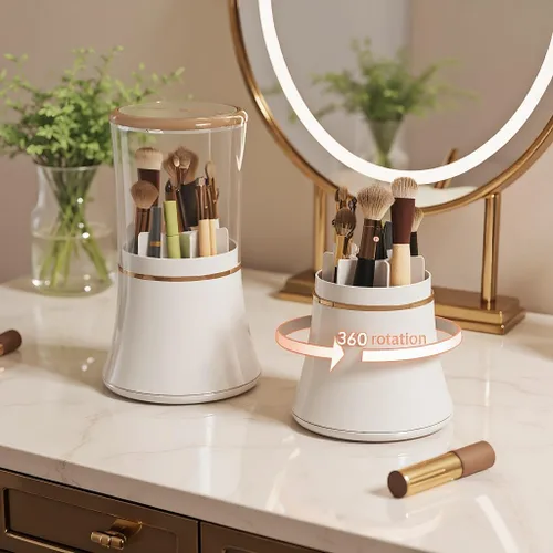 Vista 3 de Exquisito organizador de brochas de maquillaje, soporte para brochas de maquillaje con tapa, organizador de almacenamiento de herramientas