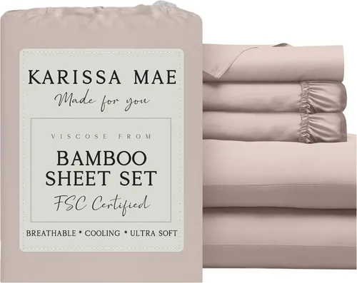 Vista 31 de KARISSA MAE Juego de sábanas de viscosa de bambú de lujo, 100% certificado FSC, refrescante, lujosamente suave, bolsillos profundos de 18 pulgadas
