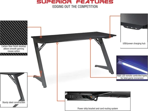 Vista 4 de OSP Home Furnishings Beta Battlestation - Escritorio para juegos con luces LED RGB Bluetooth, color rojo mate