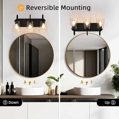 Vista 5 de Lámpara de baño de 3 luces, luces costeras con pantalla de cristal de cristal, lámpara de pared negra para espejo de cocina, pasillo, dormitorio