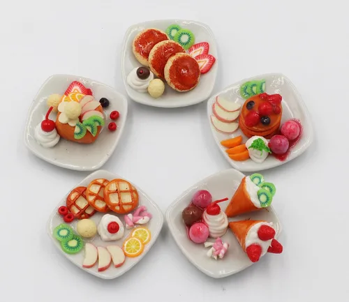 Vista 3 de Juego de platos de postre en miniatura, 5 golosinas de arcilla hechas a mano con panqueques, gofres y helados, a escala 1:6, comida coleccionable