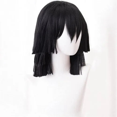 Vista 2 de MAGGAZ Anime Iguro Obanai Cosplay peluca negra Kimetsu no Yaiba peluca de fibra resistente al calor + gorra de peluca fiesta hombres mujeres