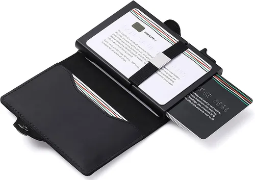 Vista 3 de TNE AirTag - Billetera de cuero genuino para tarjetas de crédito para hombres Bloqueo RFID Mini plegable automático de aluminio con cremallera