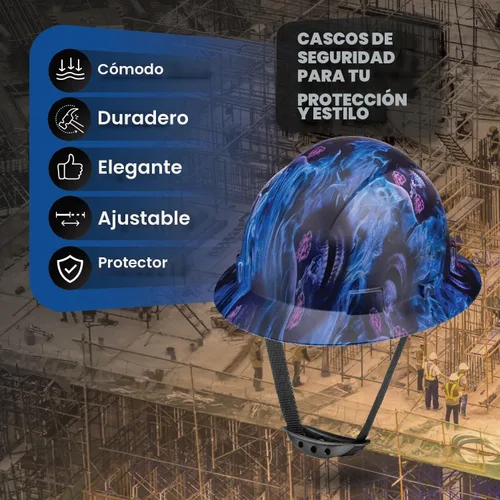 Vista 2 de Casco duro OSHA de ala completa sin ventilación con diseño de tatuaje/calavera con acabado mate con suspensión de 6 puntos