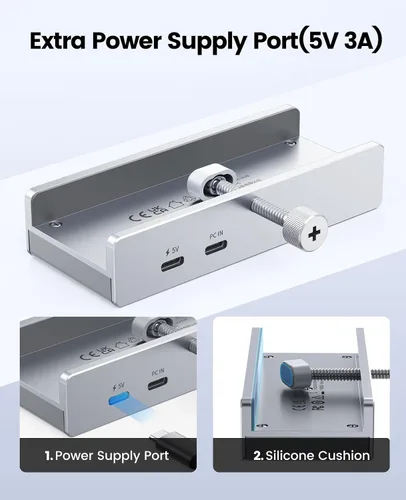 Vista 11 de ORICO Hub USB 3.0, Abrazadera USB Hub con puerto de alimentación adicional, 3 puertos de datos USB-A, puerto USB-C para monitores, escritorios