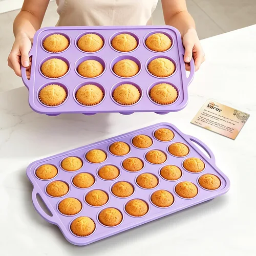Vista 15 de Mini Molde de Silicona para Muffins con Marco de Metal, Molde de Silicona Antiadherente para Cupcakes con Asas de 24 Tazas, Bandeja de Molde
