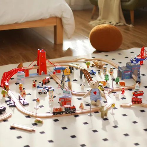 Vista 8 de Giant bean Juego de 117 piezas de tren Busy Port City para niños, juego de vías de tren de madera ampliables y cambiables, juguete grande de Navidad