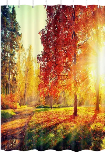Vista 2 de Cortina de ducha para caravana y caravana, para viajes, remolque, baño, bosque dorado, otoño, camping, pequeño, estrecho, corto, de tela, accesorios