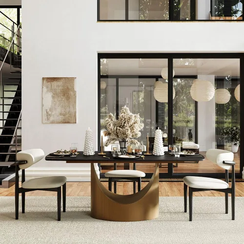 Vista 2 de POVISON Juego de mesa de comedor para 4, mesa rectangular negra de piedra sinterizada mate de 63 pulgadas con base de acero al carbono bronce, silla
