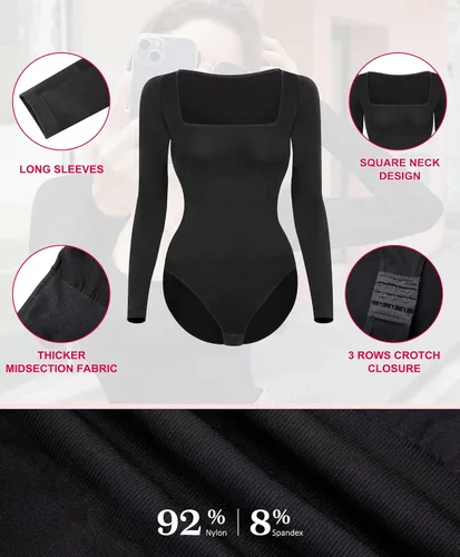 Vista 5 de Gotoly Body de manga larga para mujer, con control de abdomen, cuello cuadrado, básico, sin costuras, faja colombiana, moldeador de cuerpo
