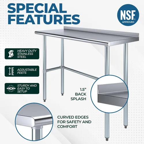 Vista 2 de Mesa de trabajo de acero inoxidable con base abierta y protector contra salpicaduras de 1.5 pulgadas, 14 x 48 pulgadas, certificado NSF, mesa