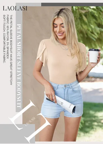 Vista 3 de LAOLASI Body de manga corta con pétalos para mujer, cuello redondo, ajustado, informal, elástico, para mujer