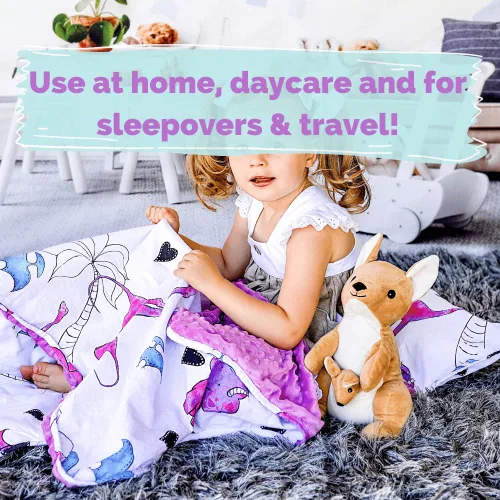 Vista 7 de JumpOff Jo - Tapete para siesta para niños, saco de dormir para niños con almohada extraíble y manta ultrasuave para preescolar, guardería y fiestas