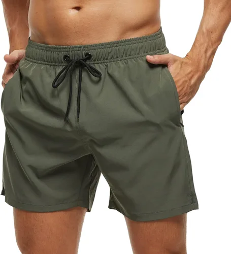 Vista 38 de SILKWORLD Traje de baño para hombre, pantalones cortos de playa de secado rápido con bolsillos Ejército Verde-ag