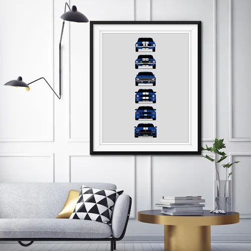 Vista 3 de Custom Car Posters Póster hecho a mano compatible con Shelby Mustang GT500 Generations e impresión de Ford Shelby GT500, azul con rayas blancas