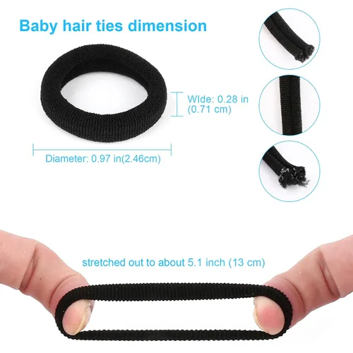 Vista 2 de Qarwayoc 300 ligas negras para el pelo – Cola de caballo de algodón para bebés, bandas suaves y sin daños, 1.1 pulgadas de diámetro, elásticas sin