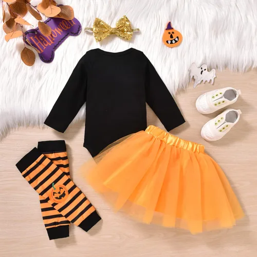 Vista 2 de Baby Girl Halloween Costumes My 1st Halloween Outfits Romper+ Tutu Skirt+ Striated Leg Warmer+ Bunny Headband Outfit Set