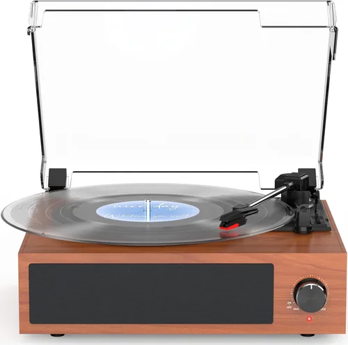 Vista 18 de Tocadiscos de vinilo vintage con altavoces, giradiscos accionados por correa, compatible con 3 velocidades, reproducción inalámbrica Bluetooth