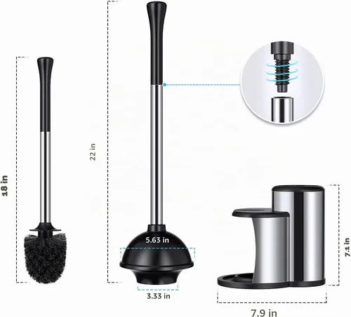 Vista 8 de Émbolo de inodoro y cepillo de inodoro con soporte de émbolo y cepillo de inodoro combinado con mango de acero inoxidable para limpieza de baño