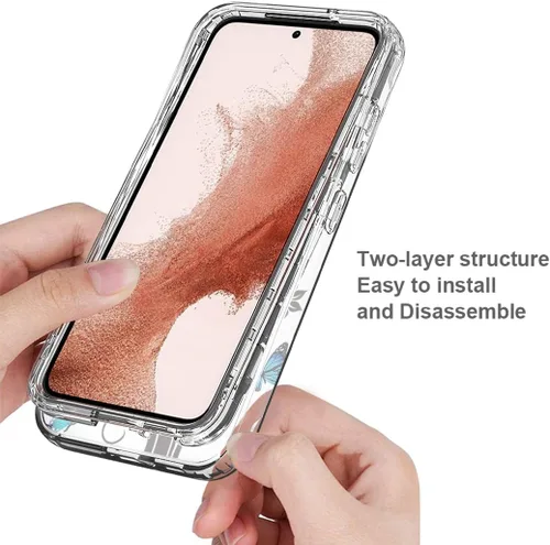Vista 4 de Funda para Galaxy S23, Samsung S23 con protector de pantalla de vidrio templado, patrón de mariposa transparente de cuerpo completo, funda