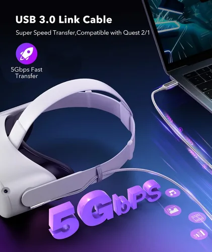 Vista 2 de 6AMGame Cable de enlace de 16 pies compatible con OculusMeta Quest 2 accesorios VR, cable de transferencia de datos de alta velocidad USB 3.0 cable