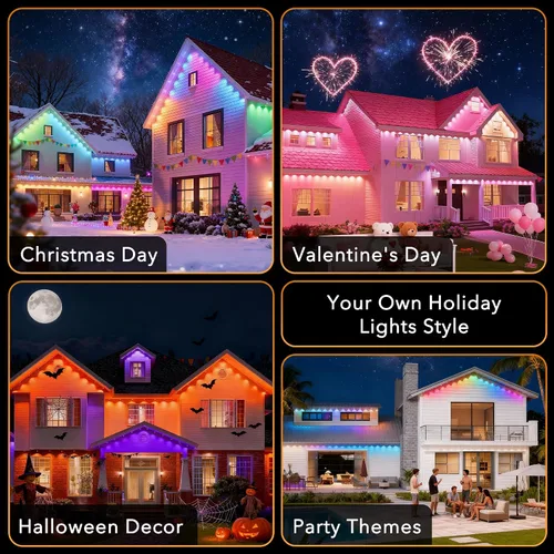 Vista 3 de Luces permanentes para exteriores, 100 pies con 60 luces LED RGB+IC para casa, 75 modos de escena, luces de alero impermeables IP68 compatibles