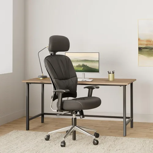 Vista 2 de Space Seating Asiento y respaldo de cuero ecológico, brazos ajustables y base de acabado de aluminio pulido, silla ejecutiva con reposacabezas