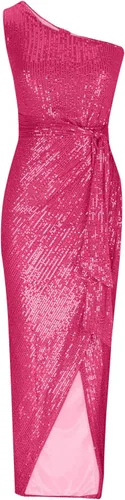 Vista 2 de Elegante vestido de lentejuelas fruncidas para mujer, sexy, con un hombro descubierto, ajustado, vestido formal con purpurina brillante
