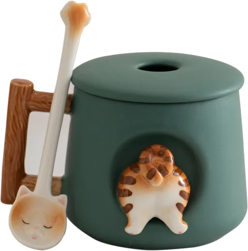 Vista 13 de DIHOclub Adorable Taza de Cerámica 3D de Vaca con Tapa y Cuchara - Perfecta para Café, Té, Leche y Más - Regalo Ideal para Amantes de los Animales