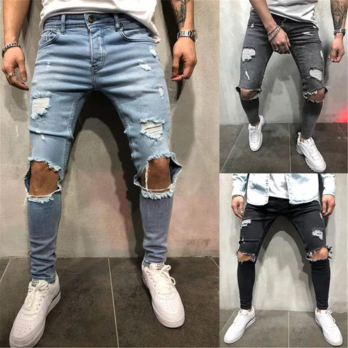 Vista 6 de Andongnywell - Pantalones de mezclilla con cremallera para hombre elásticos rasgados rasgados y rasgados pierna cónica pantalones de mezclilla