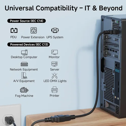 Vista 3 de Cable Matters Paquete de 2 cables de extensión de alimentación cortos de computadora a PDU, 1 pie, cable de alimentación IEC C14 a IEC C13 PDU, 10A
