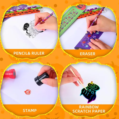 Vista 4 de BicMan Paquete de 24 artículos de papelería surtidos de Halloween, regalos de fiesta para niños, bolsas de regalo, incluye lápices, reglas, sellos