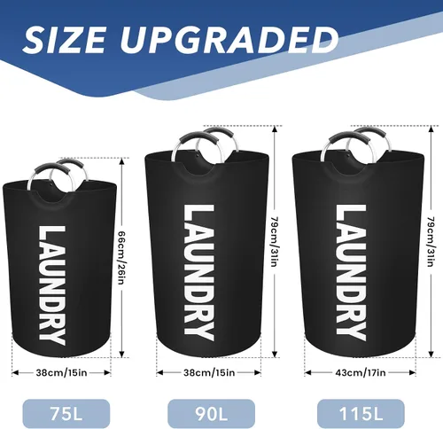 Vista 2 de Cesta de lavandería grande de 90 litros, cesta de lavandería impermeable independiente, cesta plegable para ropa alta, fácil de transportar con asas